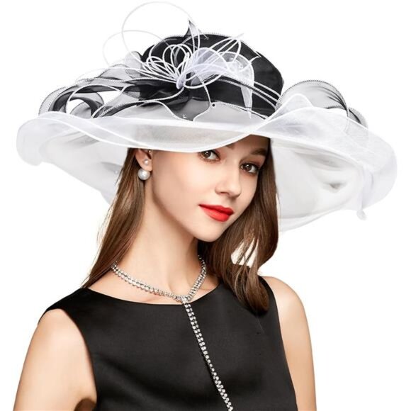 Derby Hats for Women, Classy Organza Sun Hat, Black White main image 6